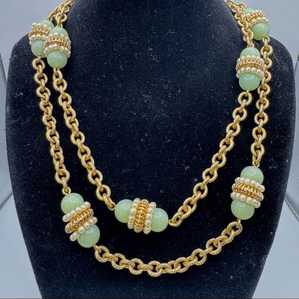 J.Crew Glass Jade Beads Pearl And Gold Halo Station Gold Tone Long Necklace 34”